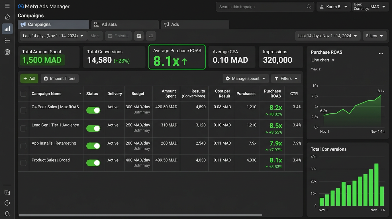 Dashboard Meta Ads avec résultats